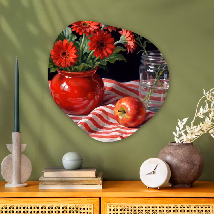 Organic painting - Aluminum -. Red Flowers - Vase - Rode bloemen - Vaas Wandcirkel Organisch Aluminium middel