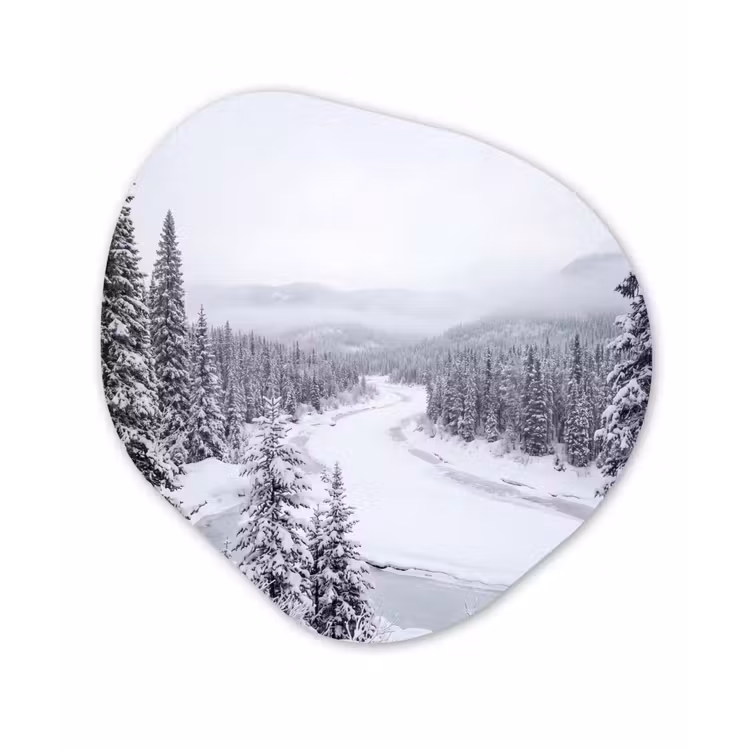 Rivier - Bevroren - Landschap - Winter Wandcirkel Organisch Aluminium middel -3d