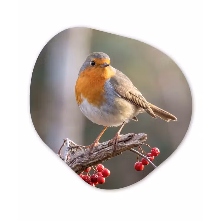 Roodborst - Tak - Bessen - Natuur Wandcirkel Organisch Aluminium middel -3d