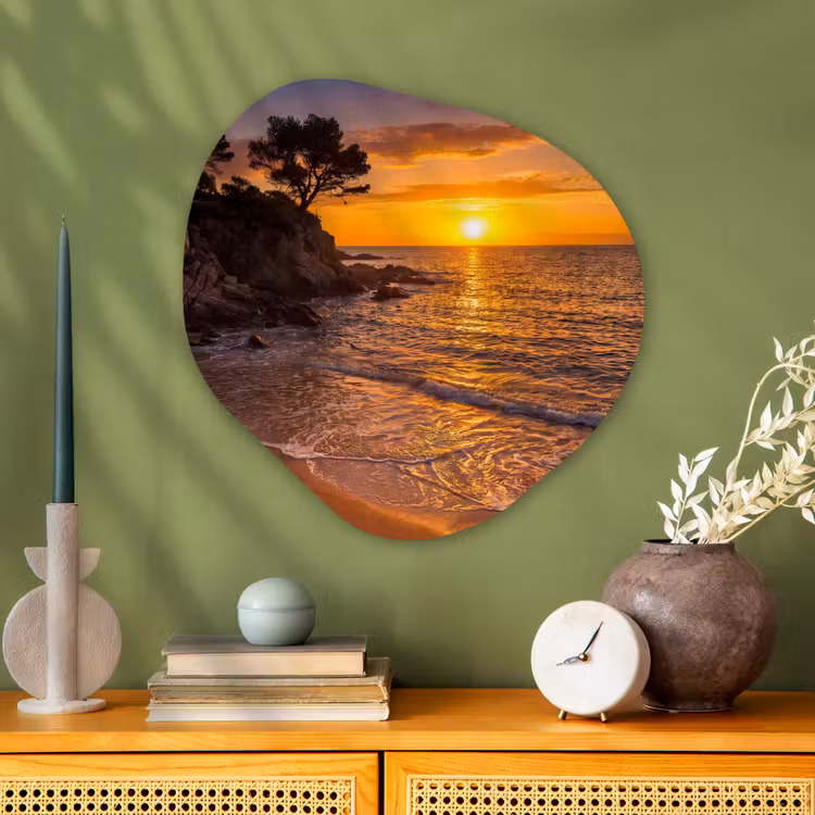 Zee - Kust - Zonsondergang - Natuur - Oranje Wandcirkel Organisch Aluminium middel -sfeer2
