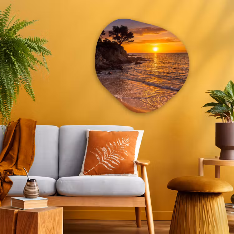 Zee - Kust - Zonsondergang - Natuur - Oranje Wandcirkel Organisch Aluminium middel -sfeer4