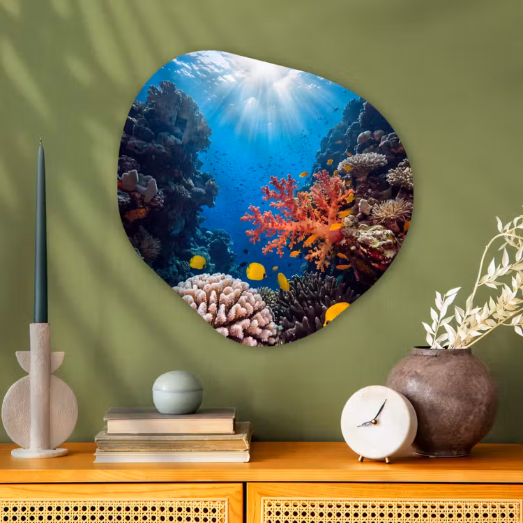 Zee - Koraalrif - Natuur - Levendig - Blauw Wandcirkel Organisch Aluminium middel -sfeer2