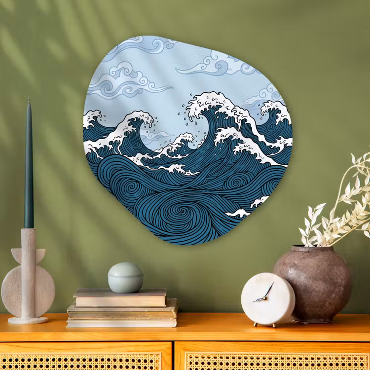 Zee - Golven - Japans - Natuur - Blauw Wandcirkel Organisch Aluminium middel -sfeer2