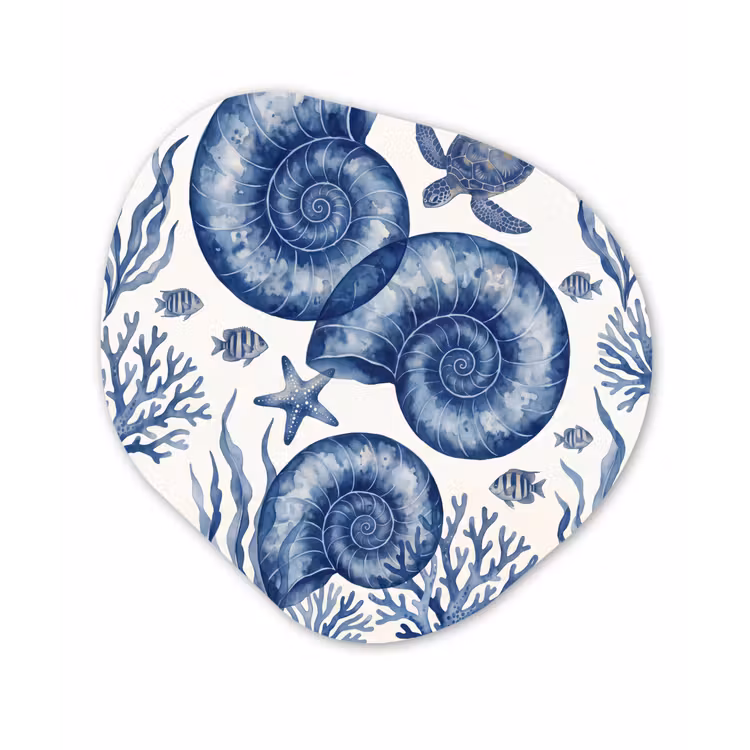 Schelp - Spiraal - Zeeleven - Aquarel - Blauw Wandcirkel Organisch Aluminium middel -3d