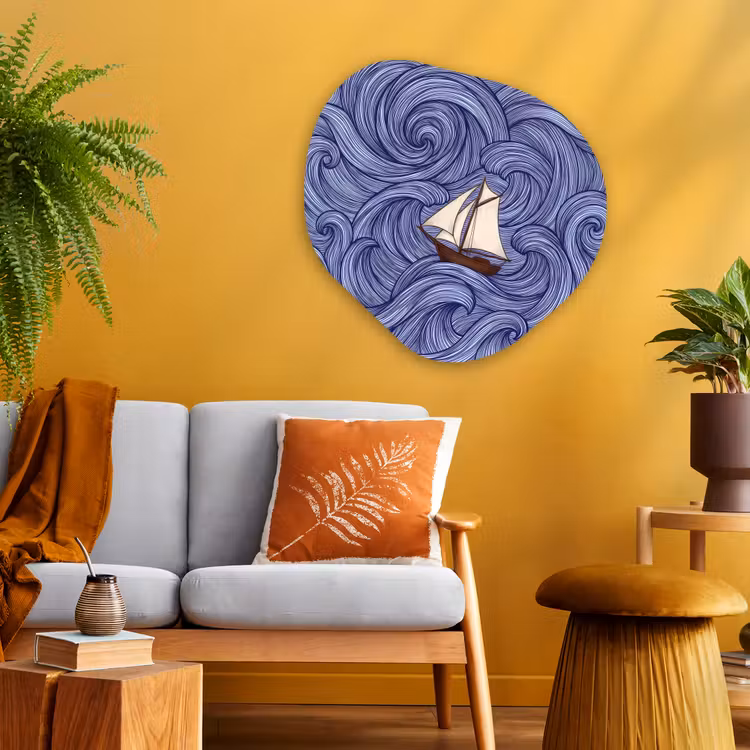 Schip - Golven - Zee - Illustratie - Blauw Wandcirkel Organisch Aluminium middel -sfeer4