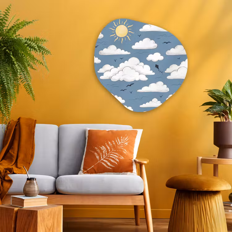 Lucht - Zon - Wolken - Natuur - Blauw Wandcirkel Organisch Aluminium middel -sfeer4
