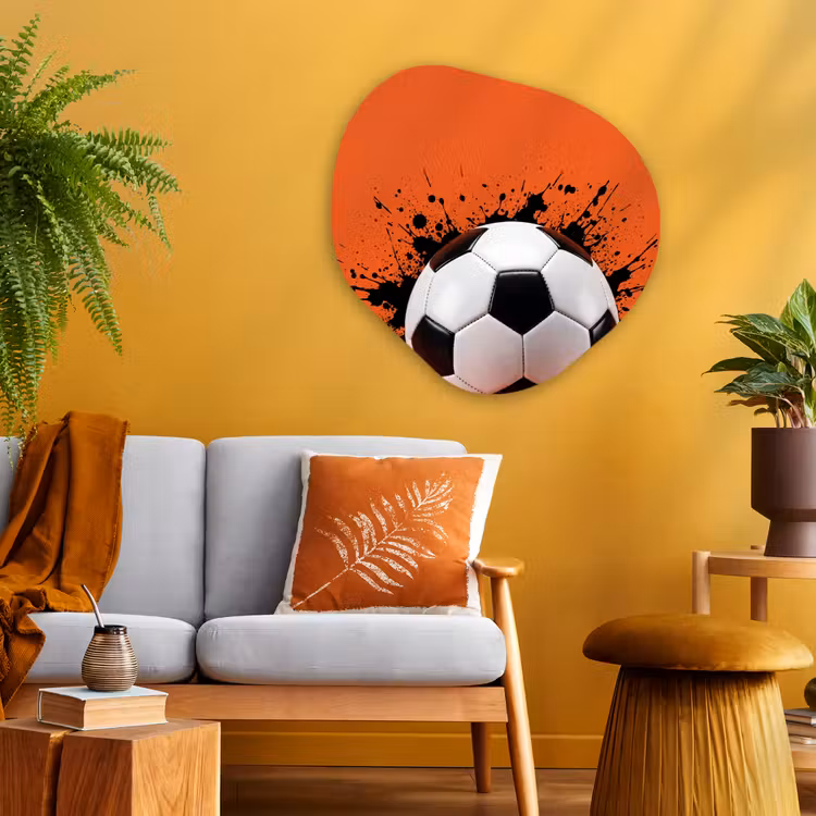 Voetbal - Verf - Sport - Oranje Wandcirkel Organisch Aluminium middel -sfeer4