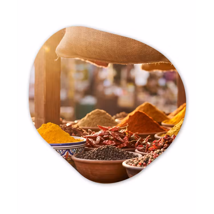 Organic painting - Aluminum -. Spices - Market - Colorful - Specerijen - Markt - Kleurrijk Wandcirkel Organisch Aluminium middel