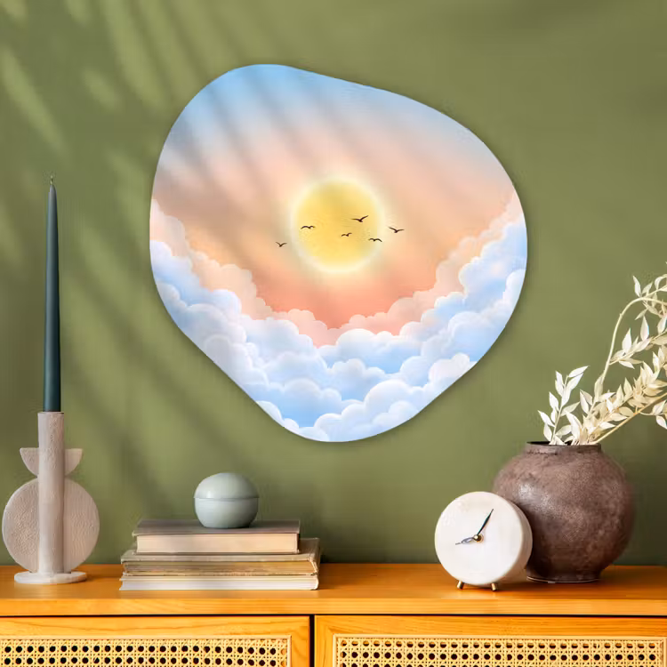 Zon - Vogels - Lucht - Natuur - Geel Wandcirkel Organisch Aluminium middel -sfeer2