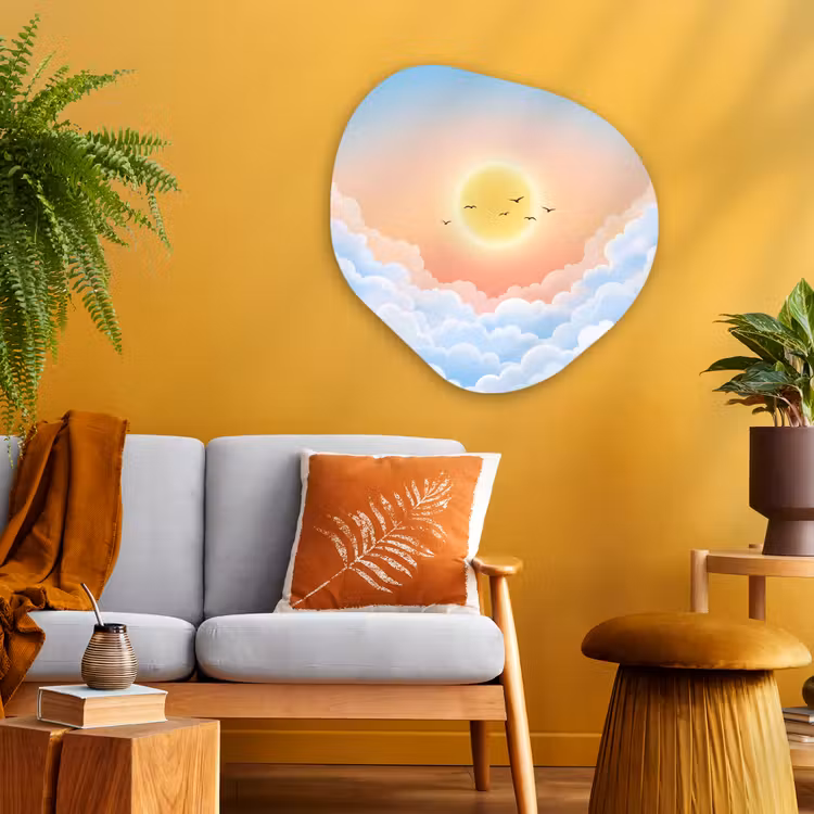 Zon - Vogels - Lucht - Natuur - Geel Wandcirkel Organisch Aluminium middel -sfeer4