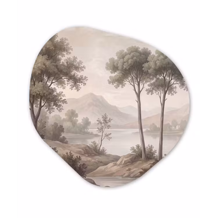 Bomen - Meer - Bergen - Illustratie Wandcirkel Organisch Aluminium middel -3d