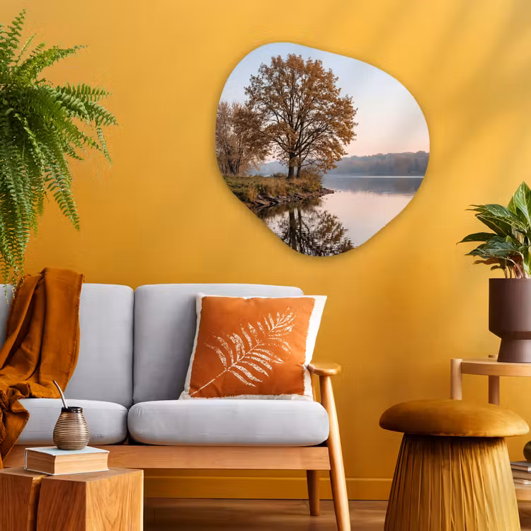 Bomen - Reflectie - Water - Zonsopgang - Serene Wandcirkel Organisch Aluminium middel -sfeer4