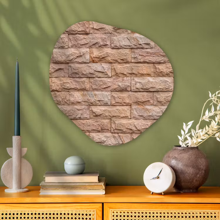 Muur - Steen - Ruw - Textuur - Beige Wandcirkel Organisch Aluminium middel -sfeer2