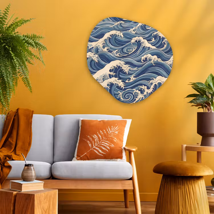 Golven - Zee - Natuur - Abstract - Blauw Wandcirkel Organisch Aluminium middel -sfeer4