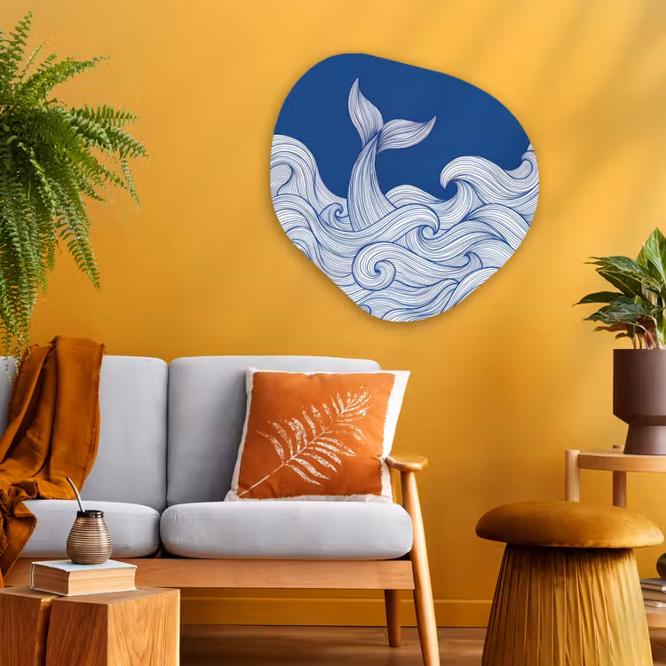 Walvis - Staart - Golven - Lijntekening - Blauw Wandcirkel Organisch Aluminium middel -sfeer4