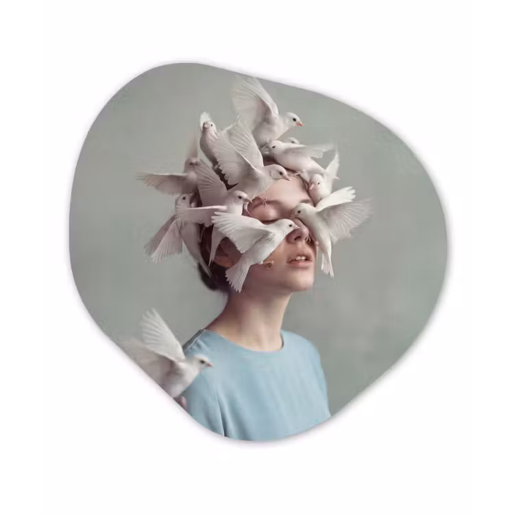 Vrouw - Vogels - Abstract - Modern - Wit Wandcirkel Organisch Aluminium middel -3d
