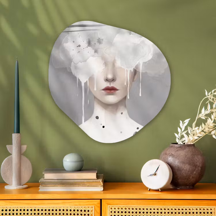 Vrouw - Wolk - Grijs Wandcirkel Organisch Aluminium middel -sfeer2