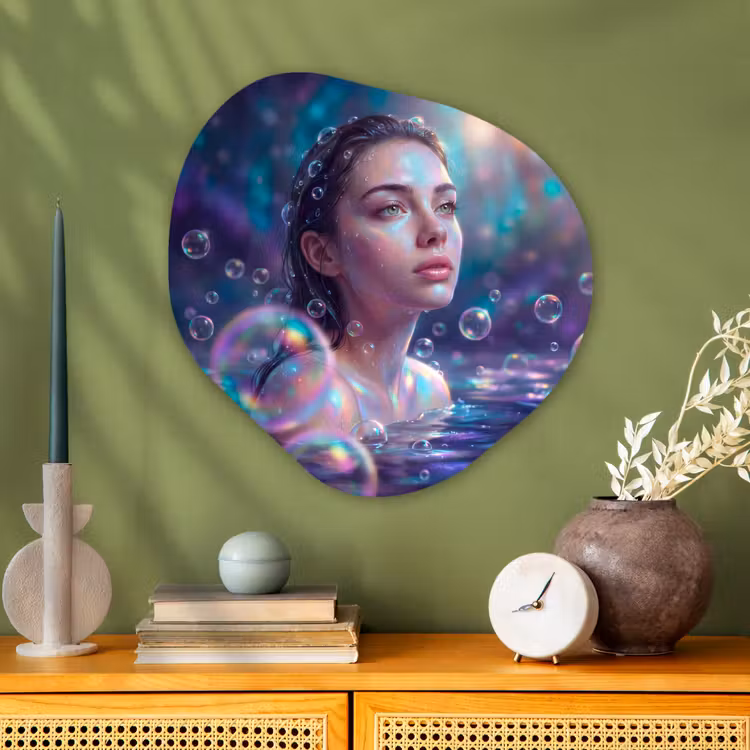 Vrouw - Water - Portret - Kleurrijk - Modern Wandcirkel Organisch Aluminium middel -sfeer2