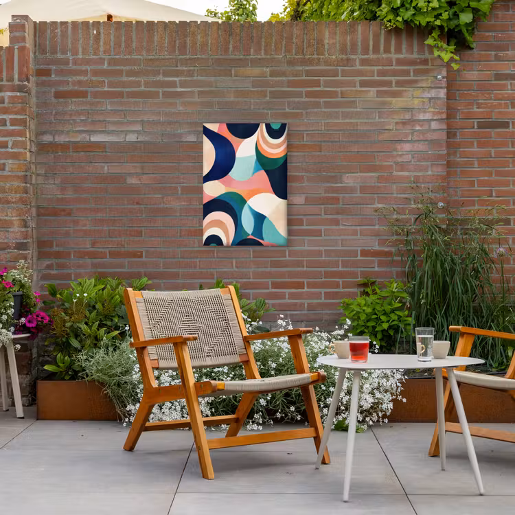 Abstract - Blauw - Roze Tuinposter op houten frame 2 cm dik klein -sfeer3