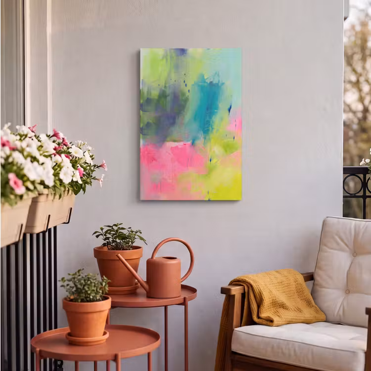 Abstract - Kleuren - Modern - Groen - Roze Tuinposter op houten frame 2 cm dik klein -sfeer1