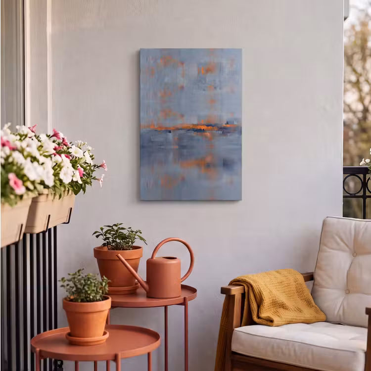 Abstract - Kleuren - Modern - Oranje - Grijs Tuinposter op houten frame 2 cm dik klein -sfeer1