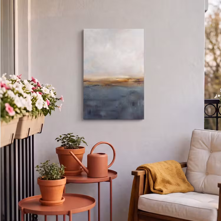 Abstract - Horizon - Water - Modern - Beige Tuinposter op houten frame 2 cm dik klein -sfeer1