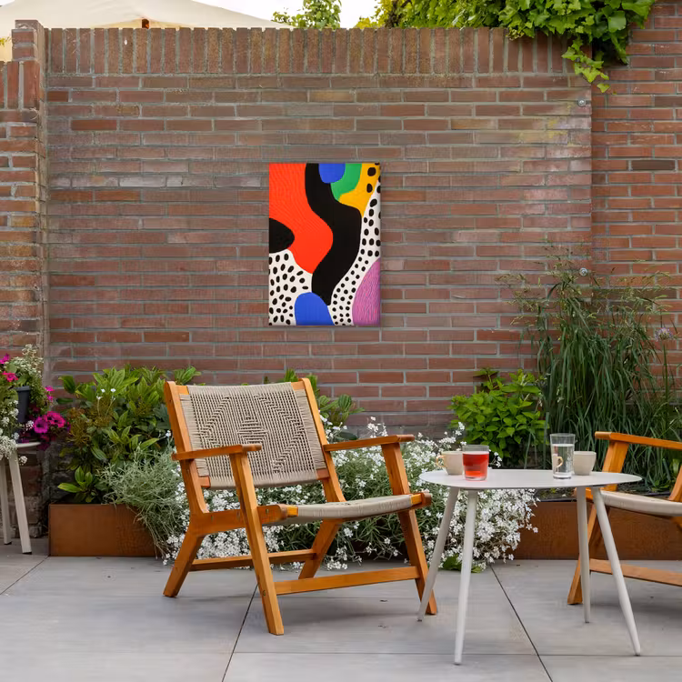 Abstract - Vormen - Kleuren - Stippen Tuinposter op houten frame 2 cm dik klein -sfeer3