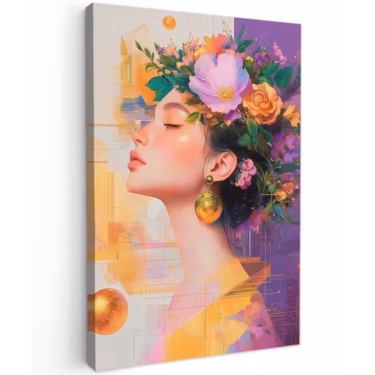 Abstract - Vrouw - Bloemenkroon - Goud Tuinposter op houten frame 2 cm dik klein -3d