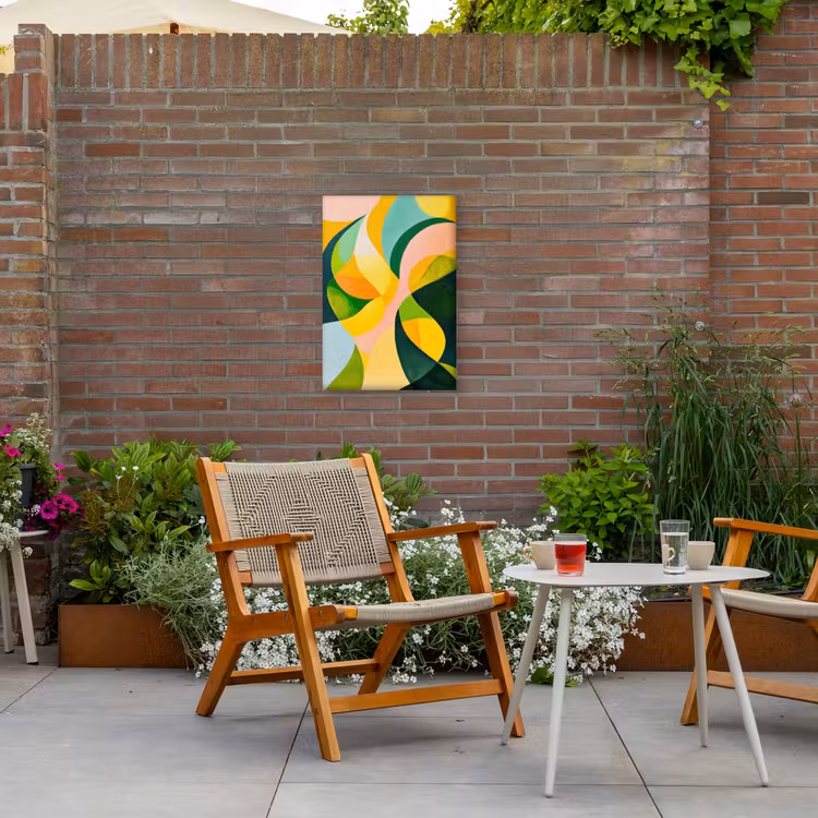 Abstract - Geel - Roze - Groen Tuinposter op houten frame 2 cm dik klein -sfeer3