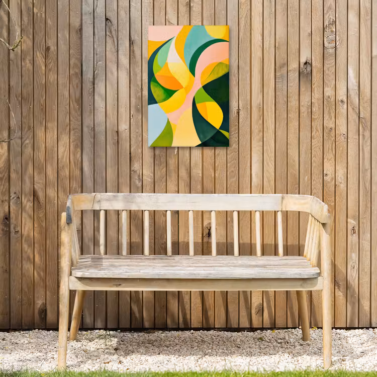 Abstract - Geel - Roze - Groen Tuinposter op houten frame 2 cm dik klein -sfeer4