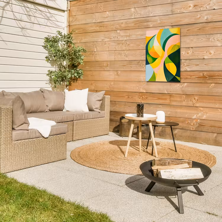 Abstract - Geel - Roze - Groen Tuinposter op houten frame 2 cm dik klein -sfeer2