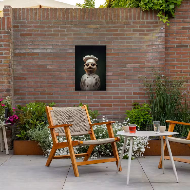 Dier - Kok - Stokstaartje Tuinposter op houten frame 2 cm dik klein -sfeer3