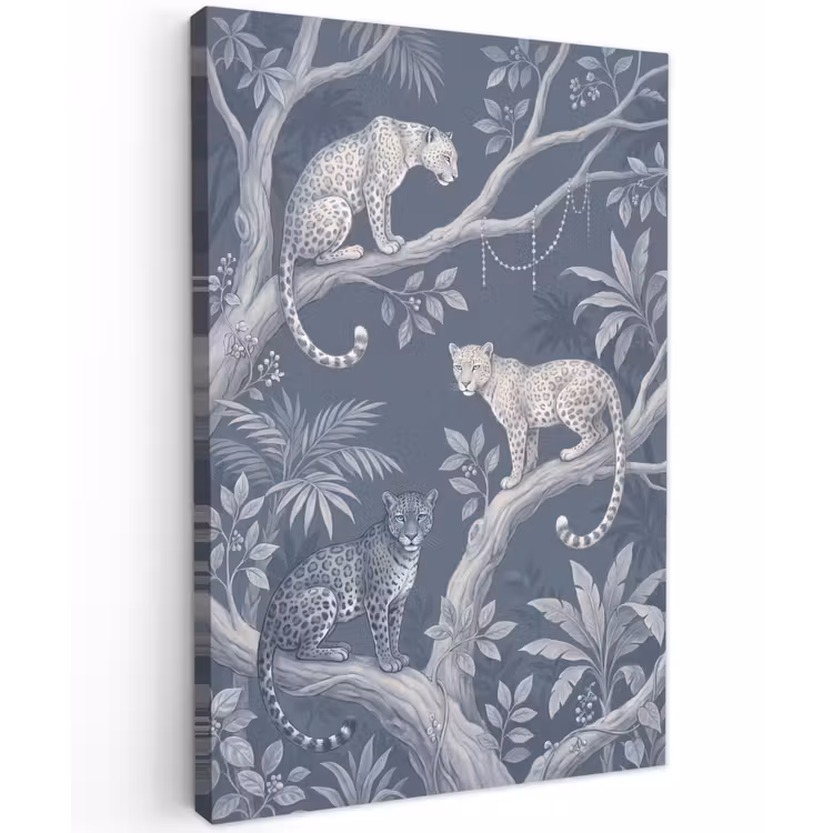 Dieren - Jungle - Illustratie - Bomen - Blauw Tuinposter op houten frame 2 cm dik klein -3d