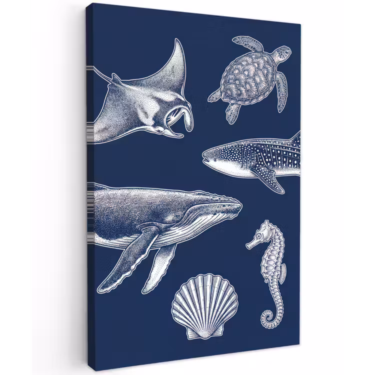 Dieren - Zeeleven - Oceaan - Graveren - Blauw Tuinposter op houten frame 2 cm dik klein -3d