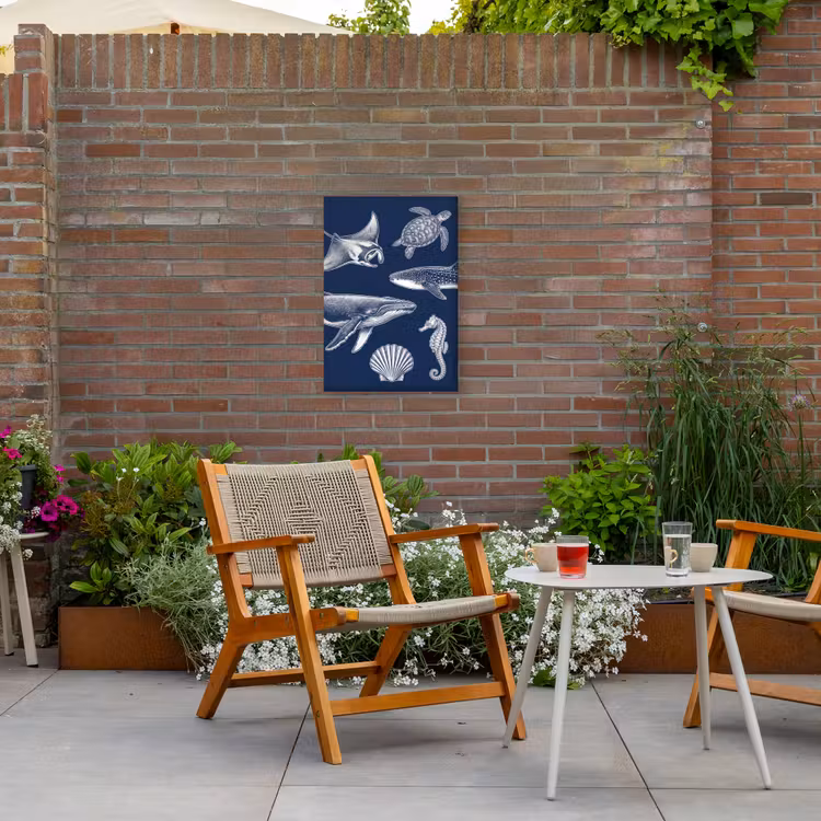 Dieren - Zeeleven - Oceaan - Graveren - Blauw Tuinposter op houten frame 2 cm dik klein -sfeer3