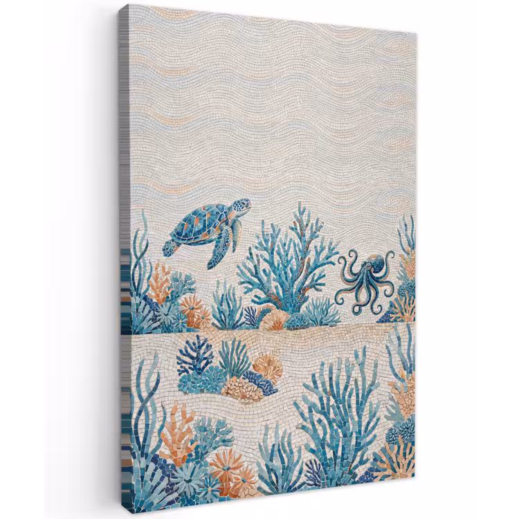 Dieren - Onderwater - Natuur - Mozaïek - Blauw Tuinposter op houten frame 2 cm dik klein -3d