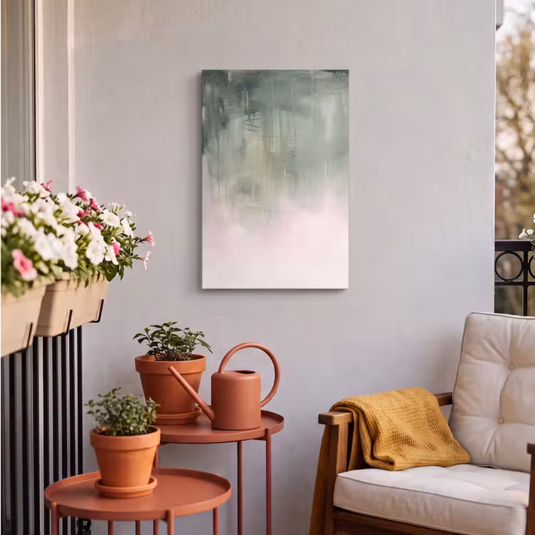 Kunst - Abstract - Modern - Groen - Roze Tuinposter op houten frame 2 cm dik klein -sfeer1