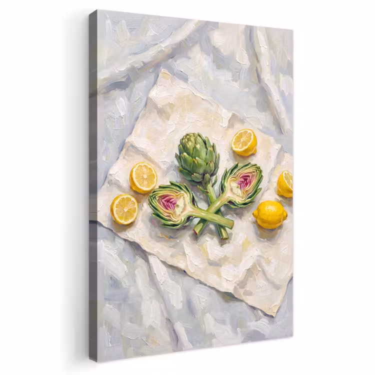 Outdoor Canvas Print - Artichoke - Lemon - Food - Artisjok - Citroen - Eten Tuinposter op houten frame 2 cm dik klein