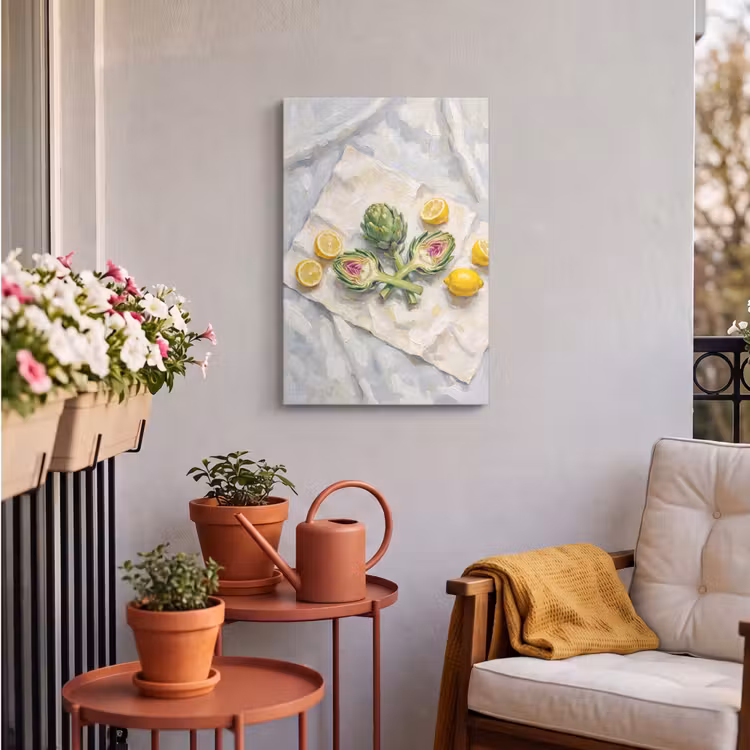 Outdoor Canvas Print - Artichoke - Lemon - Food - Artisjok - Citroen - Eten Tuinposter op houten frame 2 cm dik klein