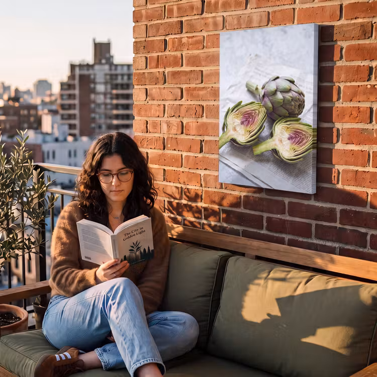 Outdoor Canvas Print - Artichoke - Sliced - Food - Artisjok - Doorgesneden - Eten Tuinposter op houten frame 2 cm dik klein