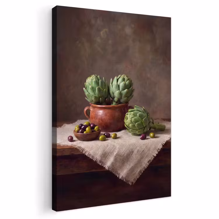 Outdoor Canvas Print - Artichokes - Olives - Food - Artisjokken - Olijven - Eten Tuinposter op houten frame 2 cm dik klein