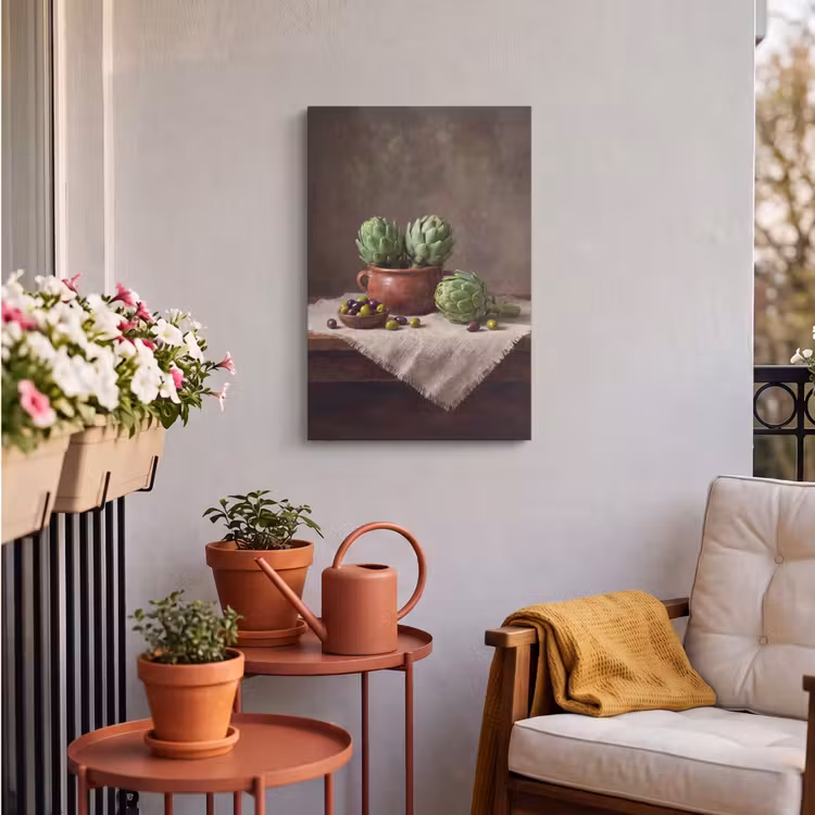 Outdoor Canvas Print - Artichokes - Olives - Food - Artisjokken - Olijven - Eten Tuinposter op houten frame 2 cm dik klein