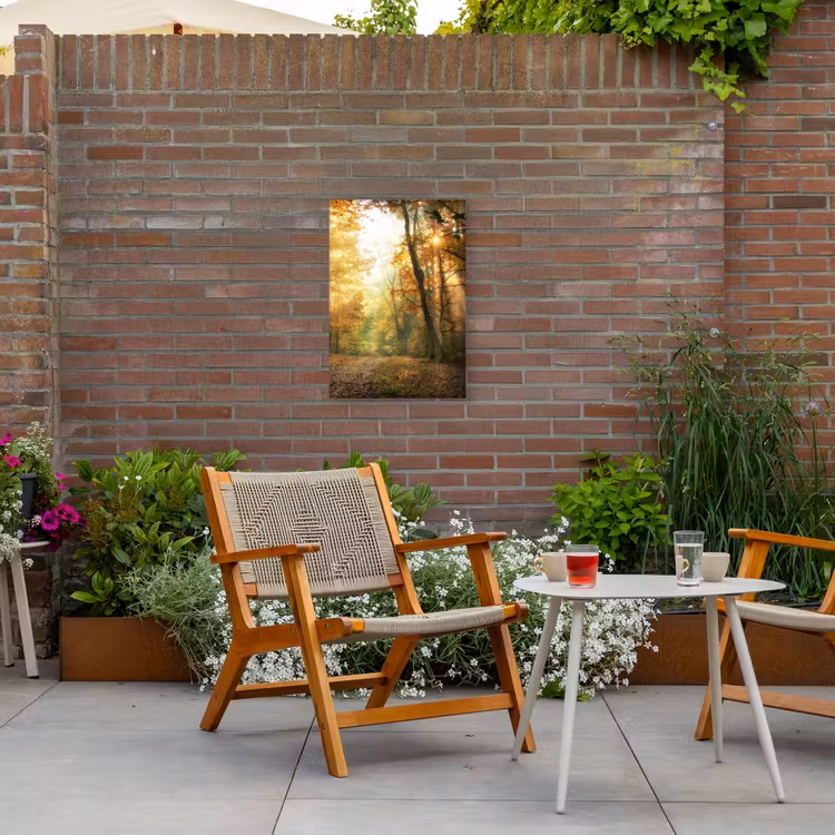 Herfstbos in gouden zonlicht Tuinposter op houten frame 2 cm dik klein -sfeer3
