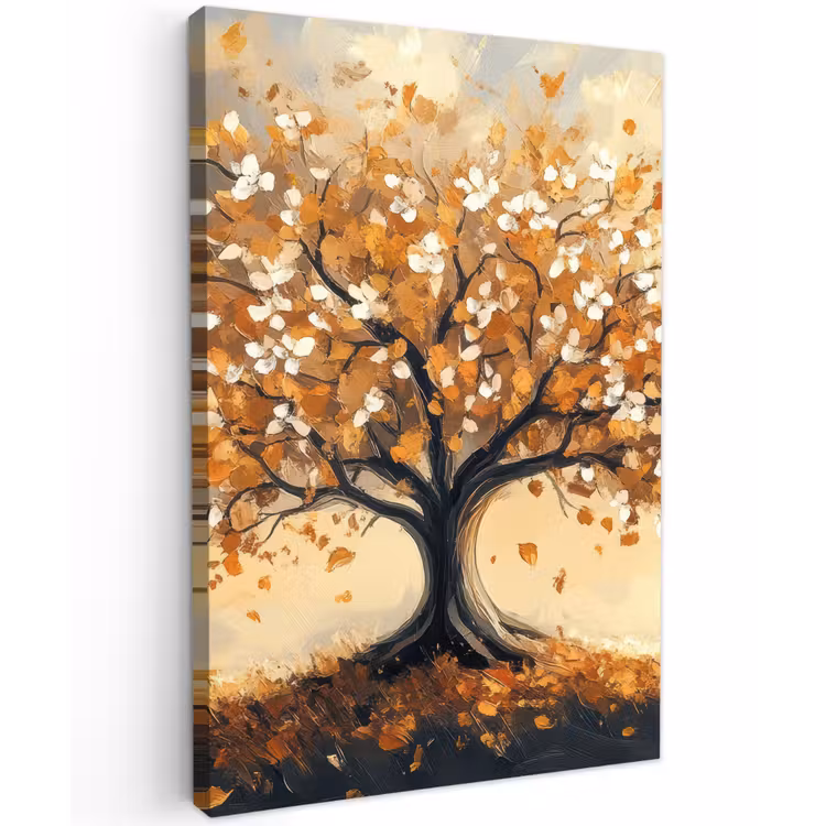 Herfst - Boom - Oranje - Bladeren - Levensboom - Abstract Tuinposter op houten frame 2 cm dik klein -3d
