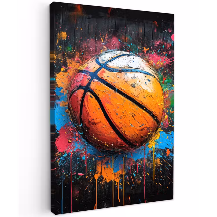 Basketbal in Kleurrijke Spatten Tuinposter op houten frame 2 cm dik klein -3d
