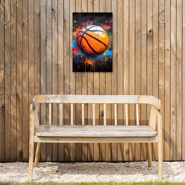 Basketbal in Kleurrijke Spatten Tuinposter op houten frame 2 cm dik klein -sfeer4