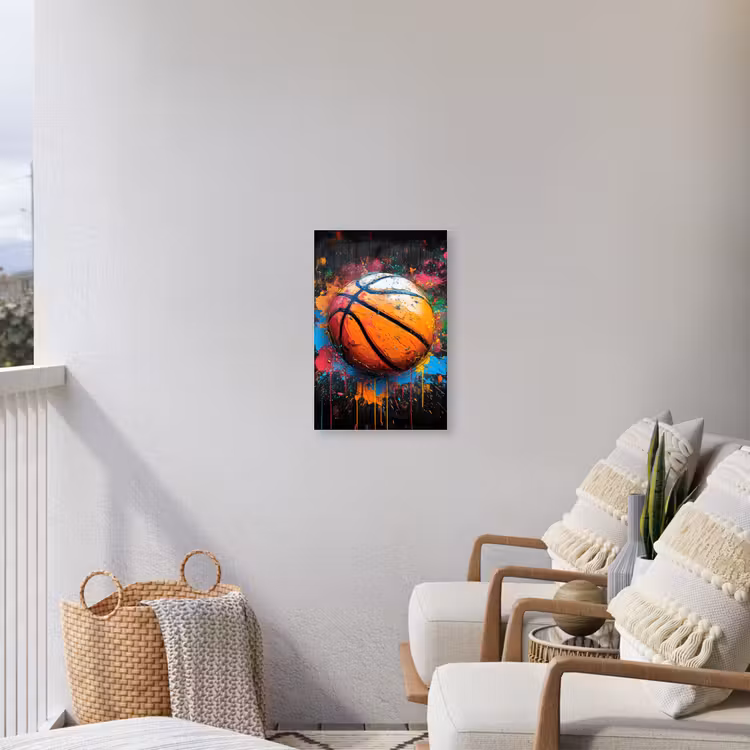 Basketbal in Kleurrijke Spatten Tuinposter op houten frame 2 cm dik klein -sfeer1