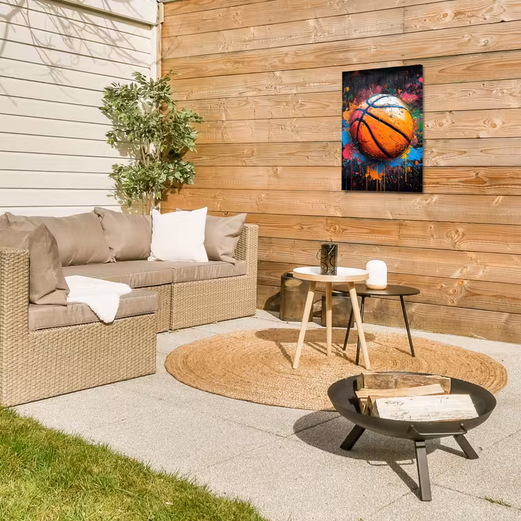 Basketbal in Kleurrijke Spatten Tuinposter op houten frame 2 cm dik klein -sfeer2