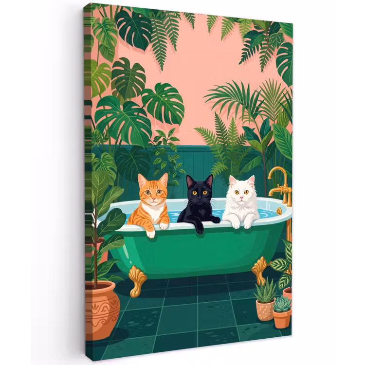 Badkamer - Kattenparade - Kleurrijk Tuinposter op houten frame 2 cm dik klein -3d