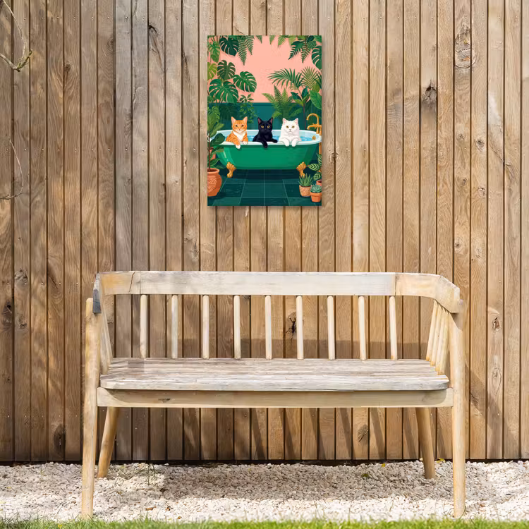 Badkamer - Kattenparade - Kleurrijk Tuinposter op houten frame 2 cm dik klein -sfeer4